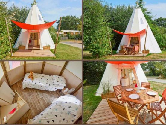 Wigwam Tent home 34m² (3 slaapkamers) zonder sanitair op 54m² verhoogd terras met schaduwdoek
