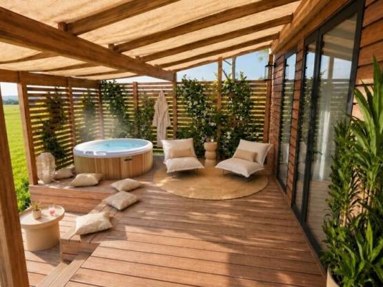 Stacaravan Cocoon 2 slaapkamers, 2 badkamers | PREMIUM+ - 33 m² - spa - airco - tv - wasmachine - plancha - overdekt terras - reispakket