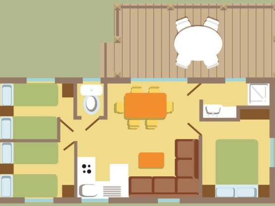 Starcaravan Confort+ 31m² (3 slaapkamers) + overdekt terras 14 m²