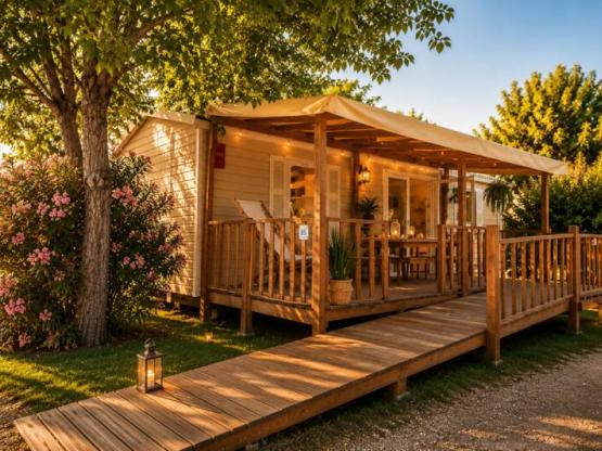 Stacaravan PMR Confort 35m² + airconditioning (2 slaapkamer) voor mindervaliden + overdekt terras